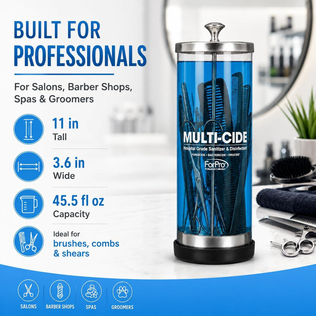 ForPro Multi-Cide Tall Glass Disinfectant Jar, Holds Brushes, Combs, Shears & Salon Tools, Clear Sanitizing Jar for