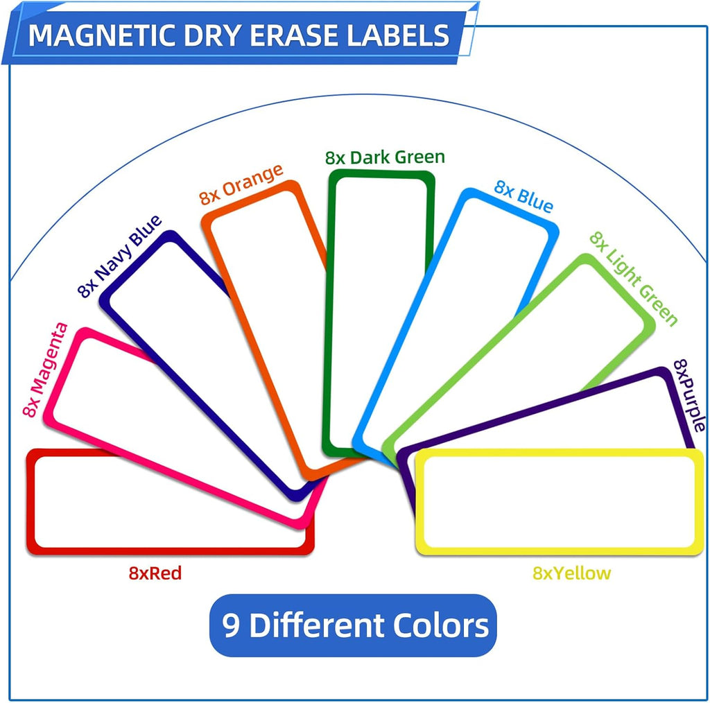 72PCS Magnetic Dry Erase Labels, 3.2"x1.2" Reusable Colorful Name Plates, Waterproof Magnetic Label Stickers for