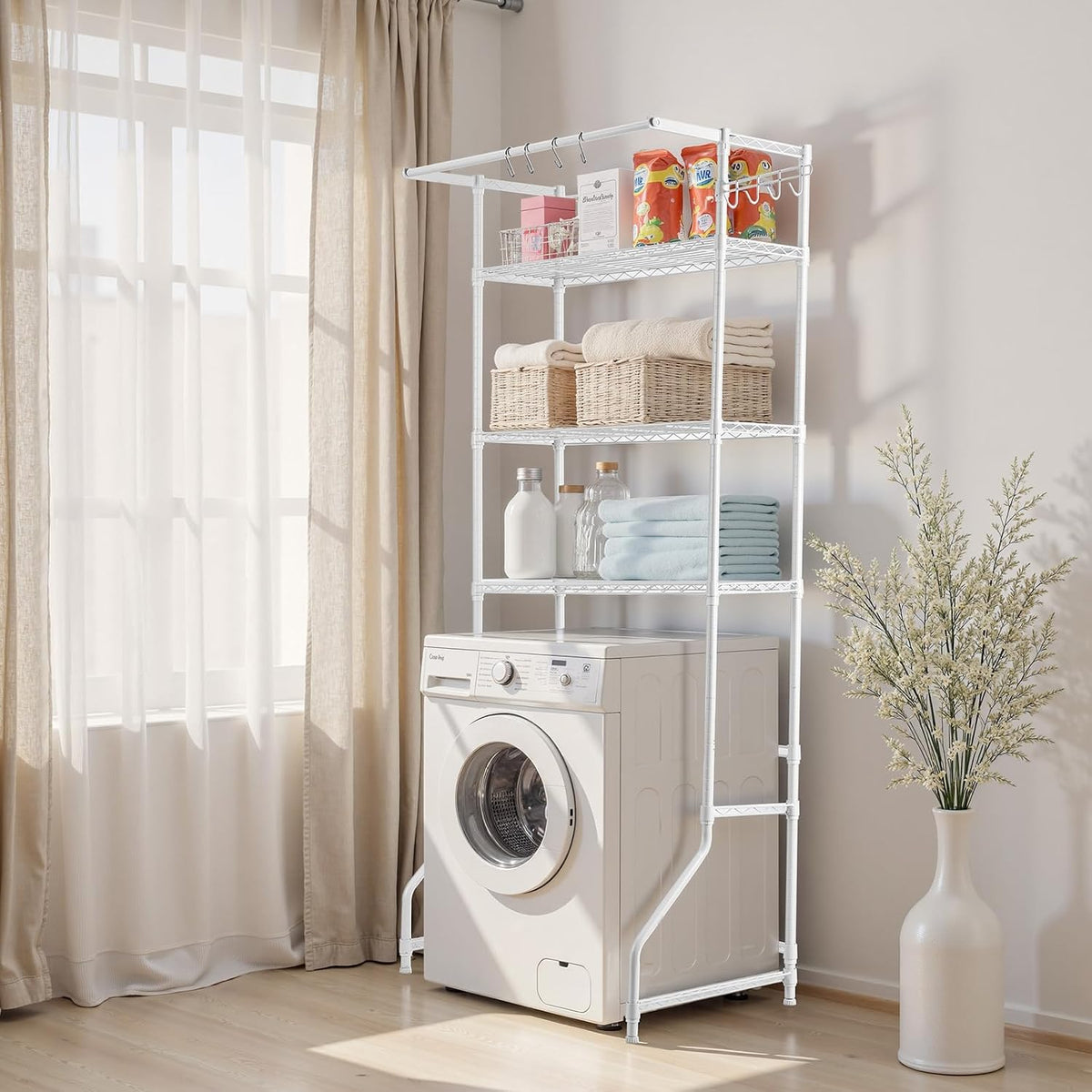 Over the Washer and Dryer Storage Shelf, 3 Tier Laundry Room Drying Rack with Hanger Rod and Hooks, Adjustable Over