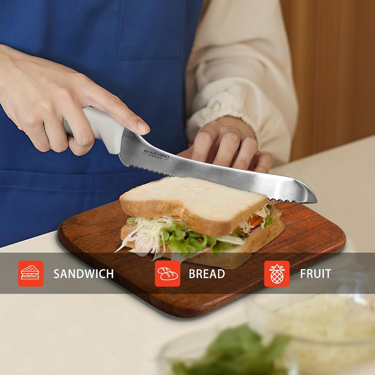 9 Inch Serrated Bread Knife, White Multi-Purpose Kitchen Tool