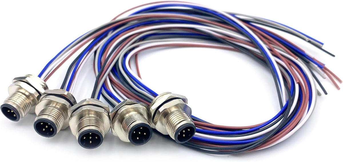 5Pcs M12 5 Pin A Code Male Connector Cable, IP67 Waterproof Panel Rear Mounting Panel Receptacles Straight Non-Shield Aviation Socket Electrical Cable Back Mount Sensor 125V 4A (1.64ft/0.5Meter)