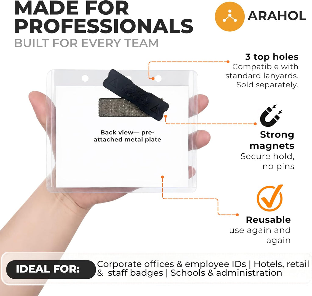4"x3" Magnetic Name Badge Holders 50 Pack – Horizontal ID Card Holders with Strong Magnets, No Pin, Reusable PVC Name