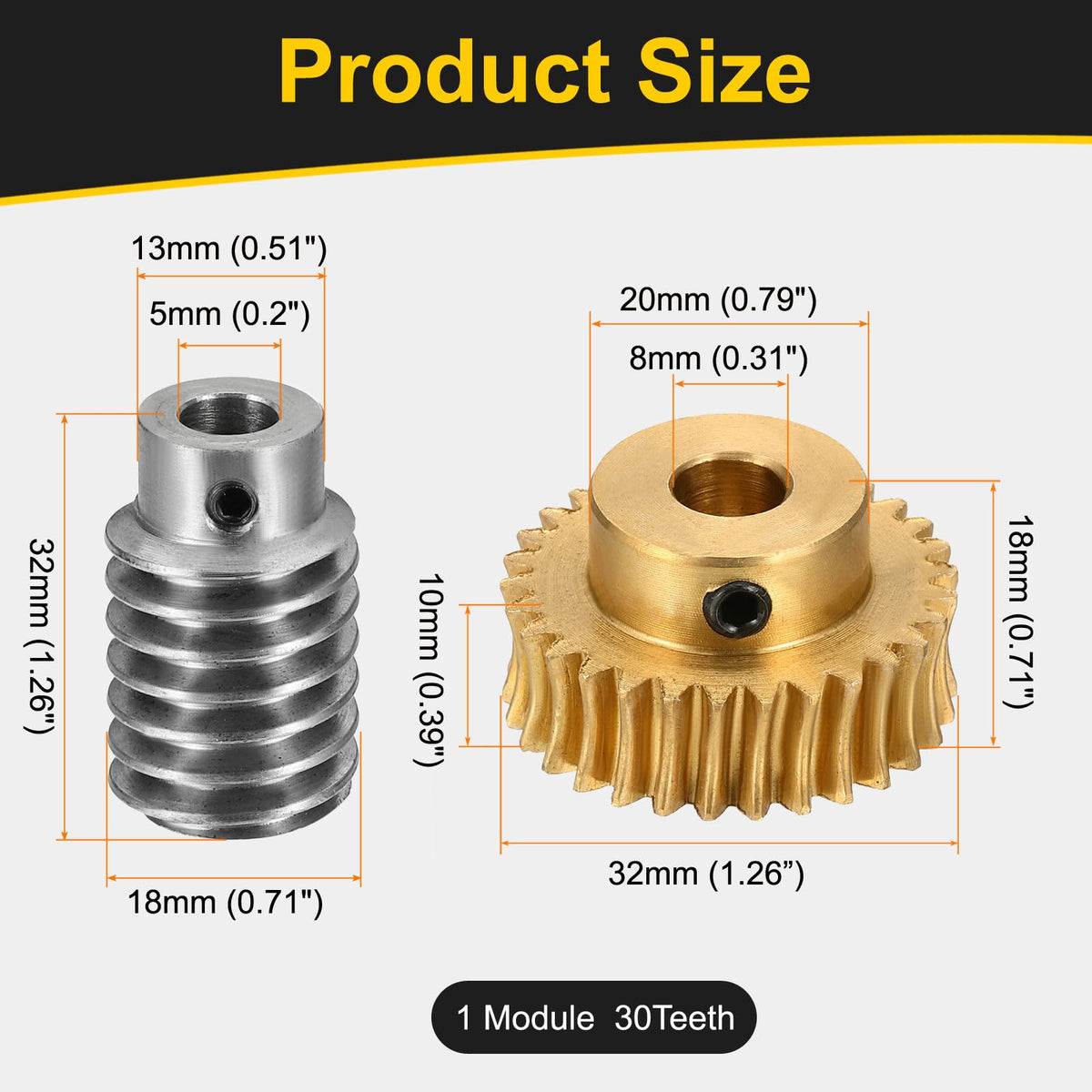 uxcell Worm Gear Set Right Rotation 30T 1 Module 30:1 Reduction Rate