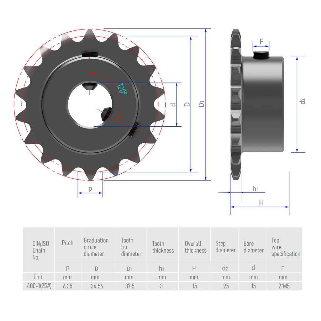 FOCMKEAS 17 Tooth Roller Chain Sprocket, 25 Chain, 15mm Bore