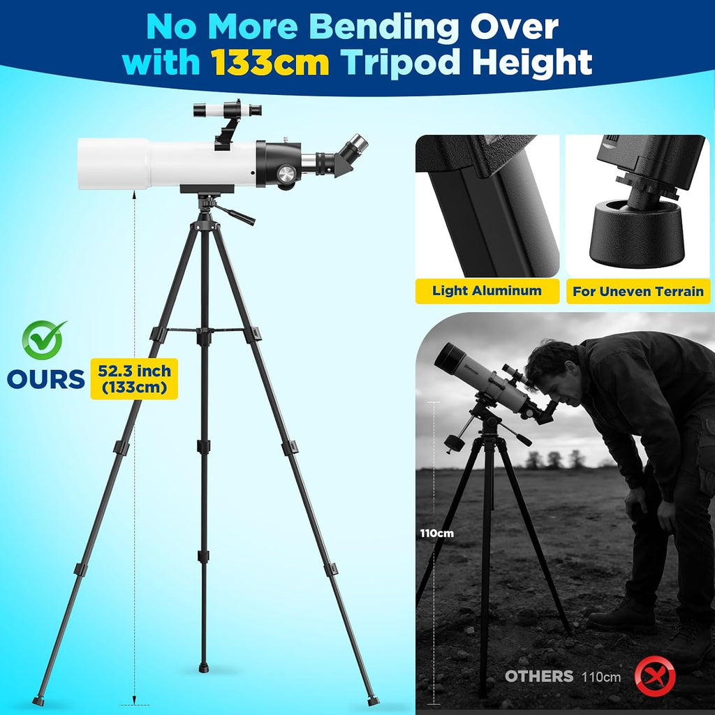 90mm Refractor Telescope for Adults & Kids: 150X Scope with 133cm Tripod | 90mm Large Aperture, Fully Multi-Coated