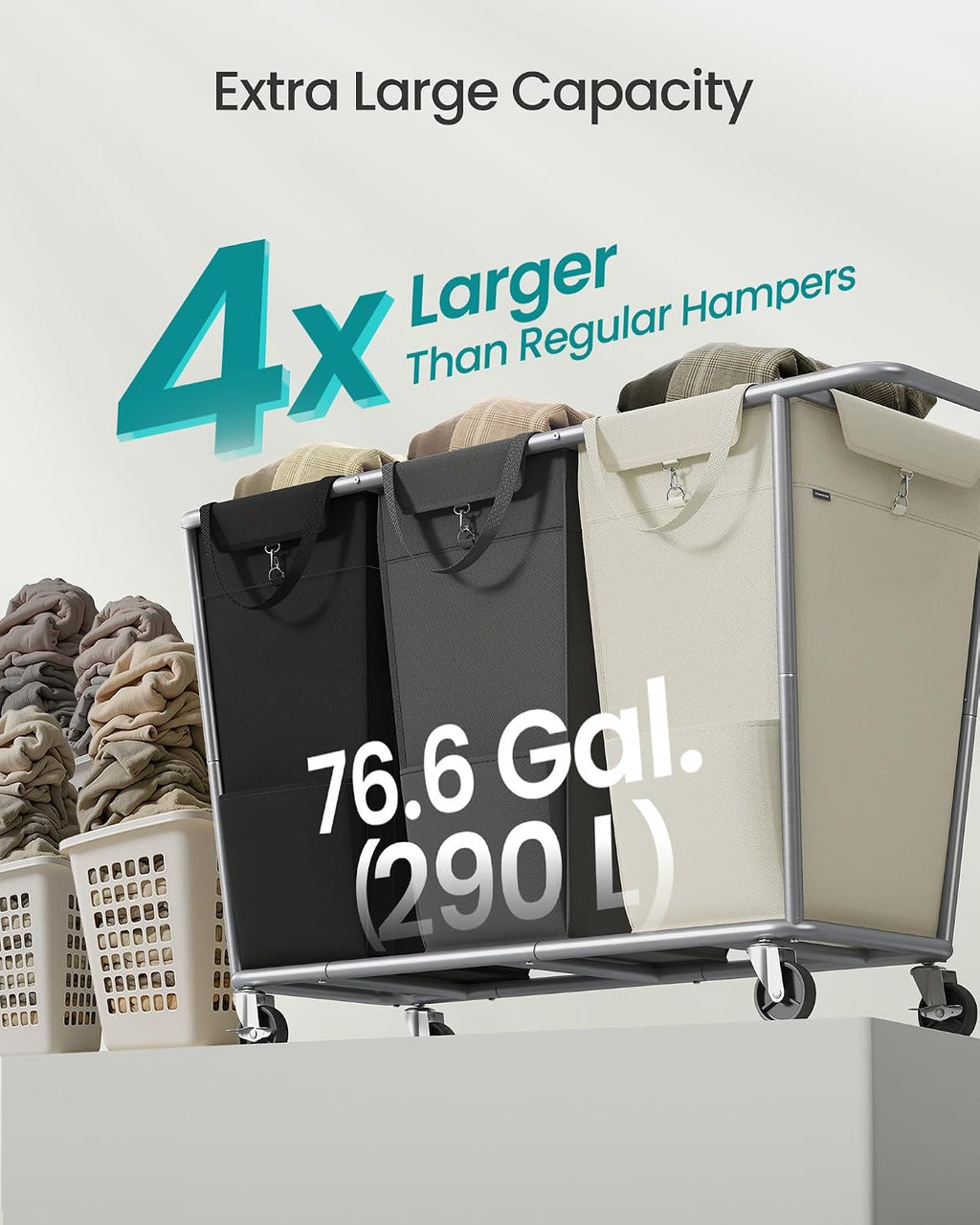 Laundry Basket with Wheels, 3-Section Laundry Sorter, 76.6 Gallons (290 L) Rolling Hamper with Removable Bags