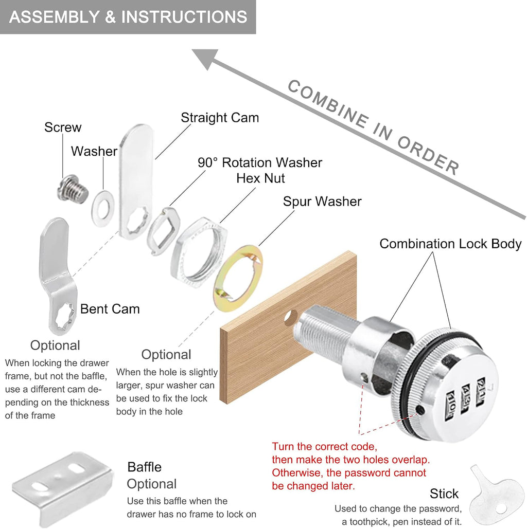 Number Combination Lock for File Cabinet, Cam Lock for Mailbox | 1-1/8 Inch Metal Combo Drawer Lock, Keyless Cabinet
