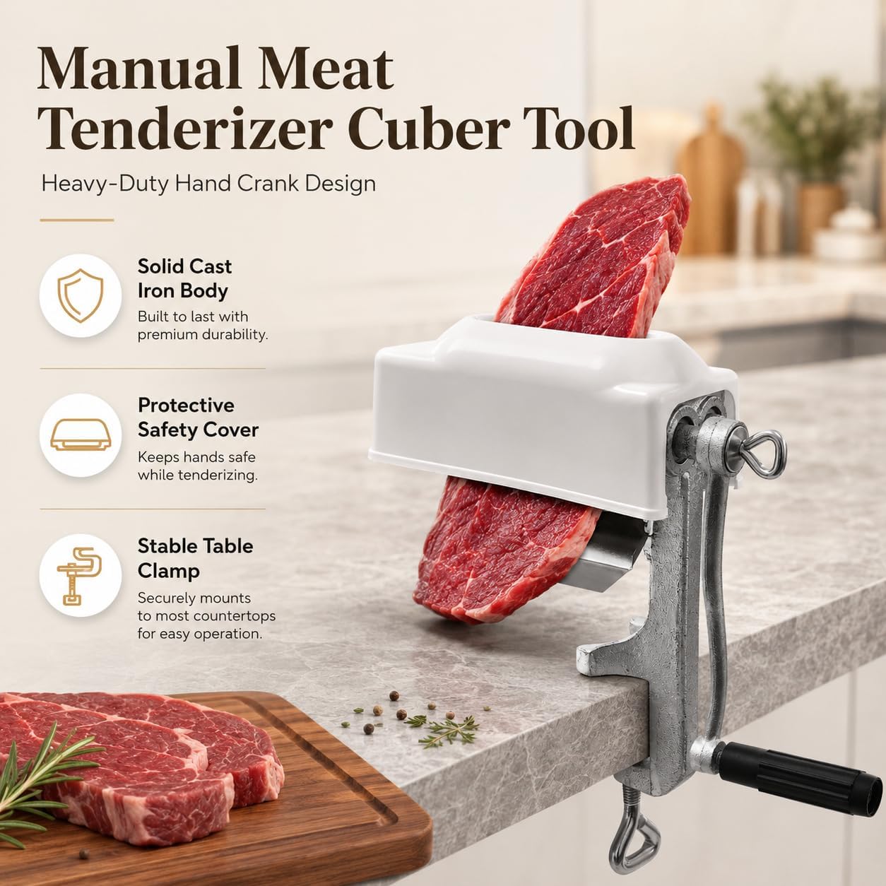Manual Meat Tenderizer Cuber Tool, Heavy Duty Cast Iron Hand Crank Meat Tenderizer Machine with Protective Cover