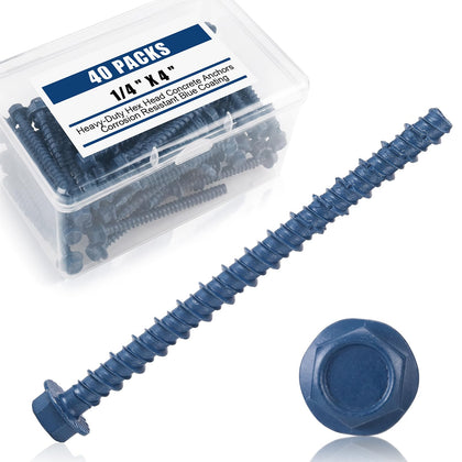 40 Pack 1/4 x 4 Inch Concrete Screws Hex Washer Head, Blue