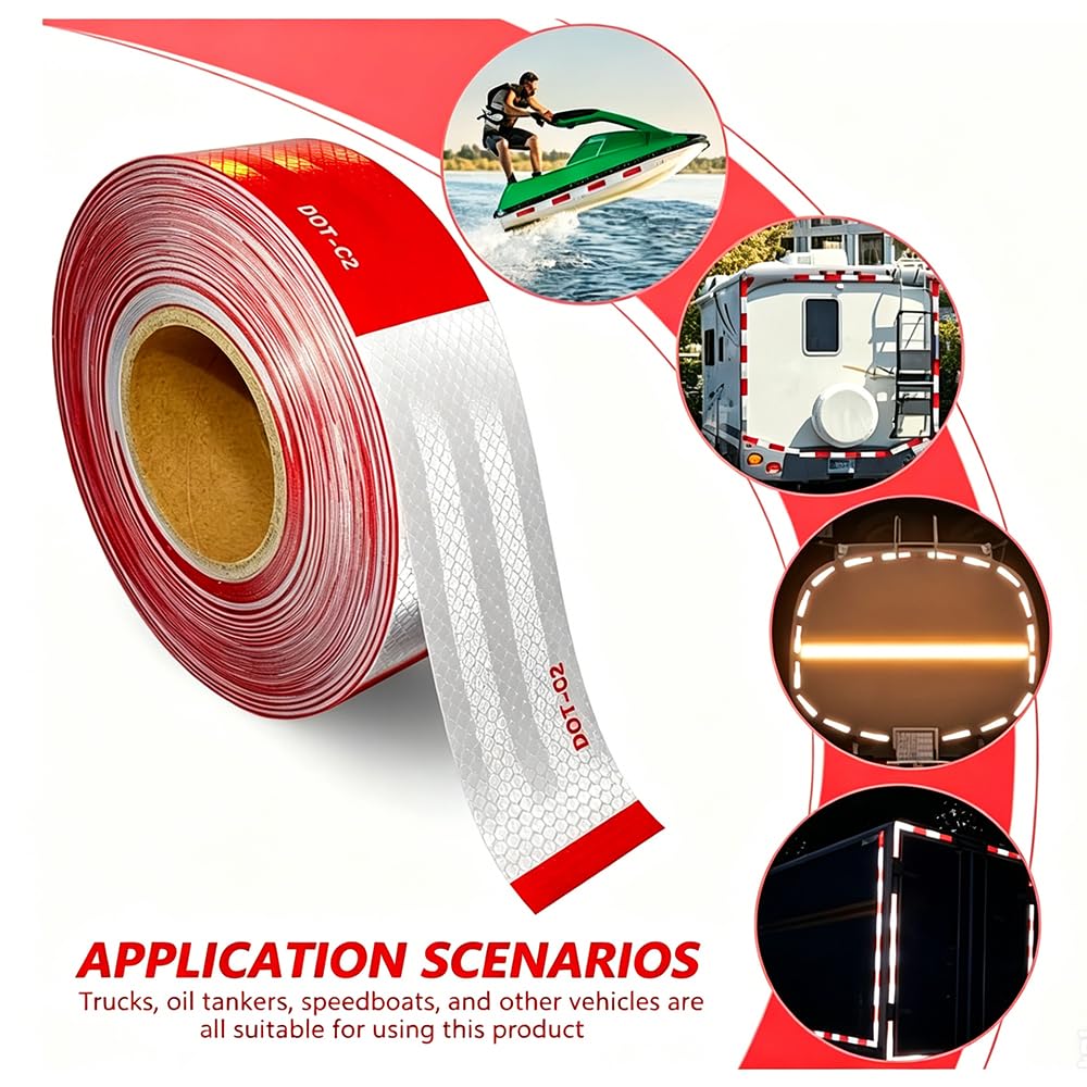 DOT‑C2 Reflective Safety Tape 2" x 200' Red/White;High‑Visibility, Waterproof, Strong Adhesive