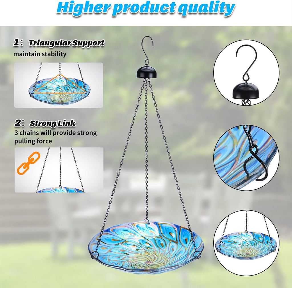 Hanging Glass Bird Bath Peacock Outdoor Birdfeeder Garden Yard Decor