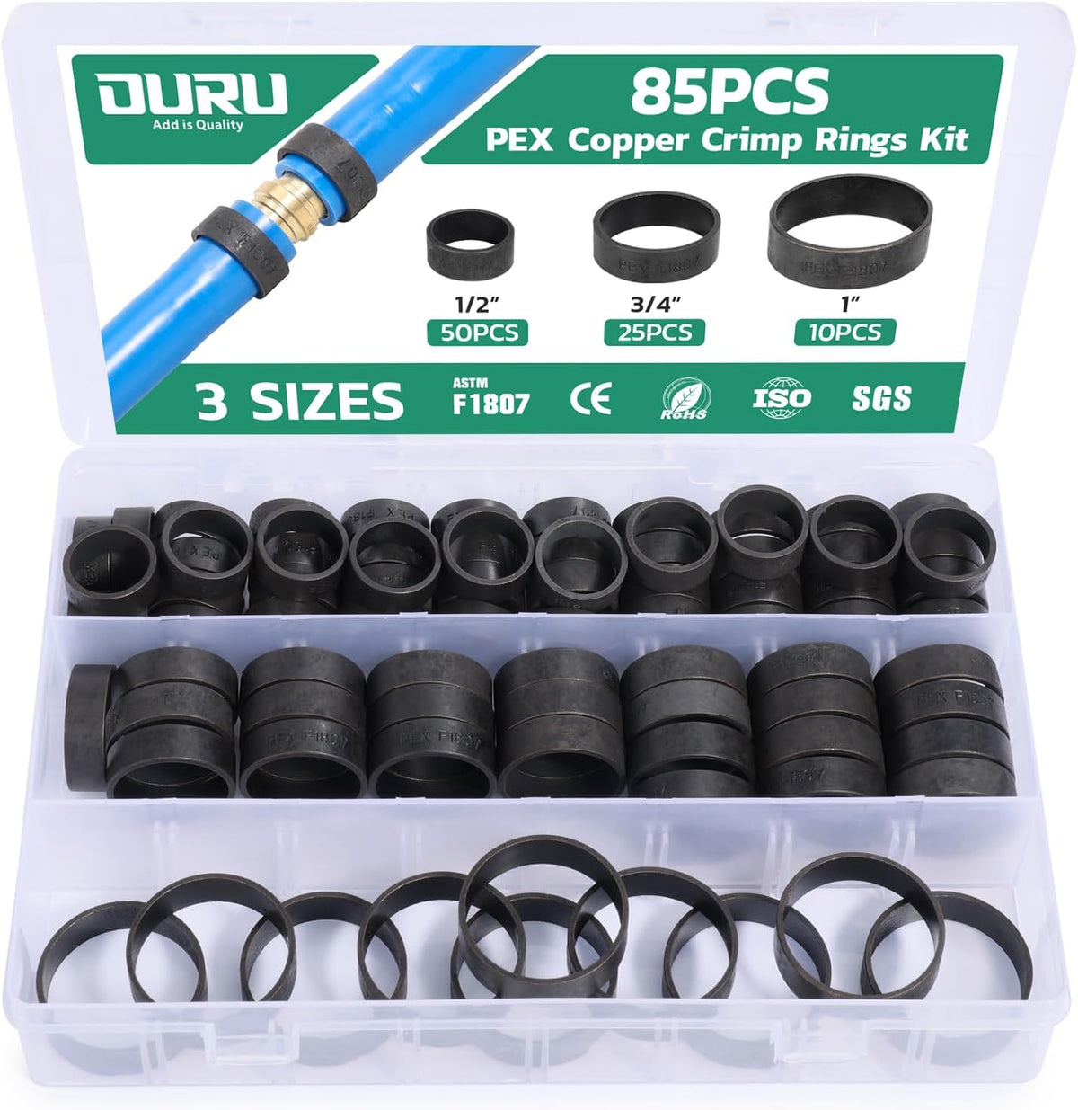 OURU 85PCS PEX Copper Crimp Rings Assortment, 1/2" 3/4" 1" for PEX Pipe