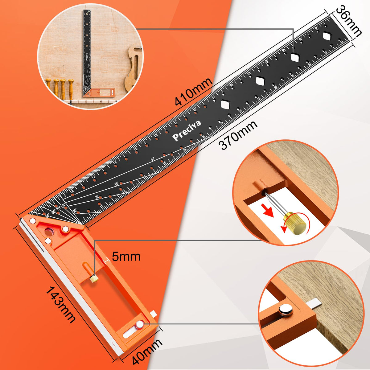 16” Woodworking Square Ruler - Preciva 1/16” Scale Right Angle Ruler Carpenter Square Layout Tool, Retractable Edge Support and Multi-Angle Scribe Mark, Includes Carpentry Pencil
