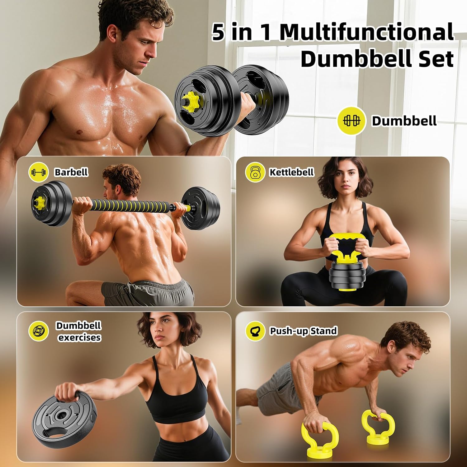 Adjustable Dumbbell Set, 10-90lbs Free Weights with Connector – 4 in 1 Dumbbells, Barbell, Kettlebell & Push Up
