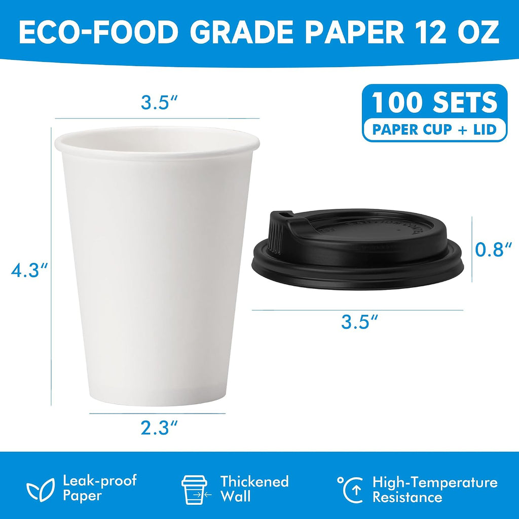 Disposable Paper Coffee Cups with Lids, 12 oz, 100 Pack