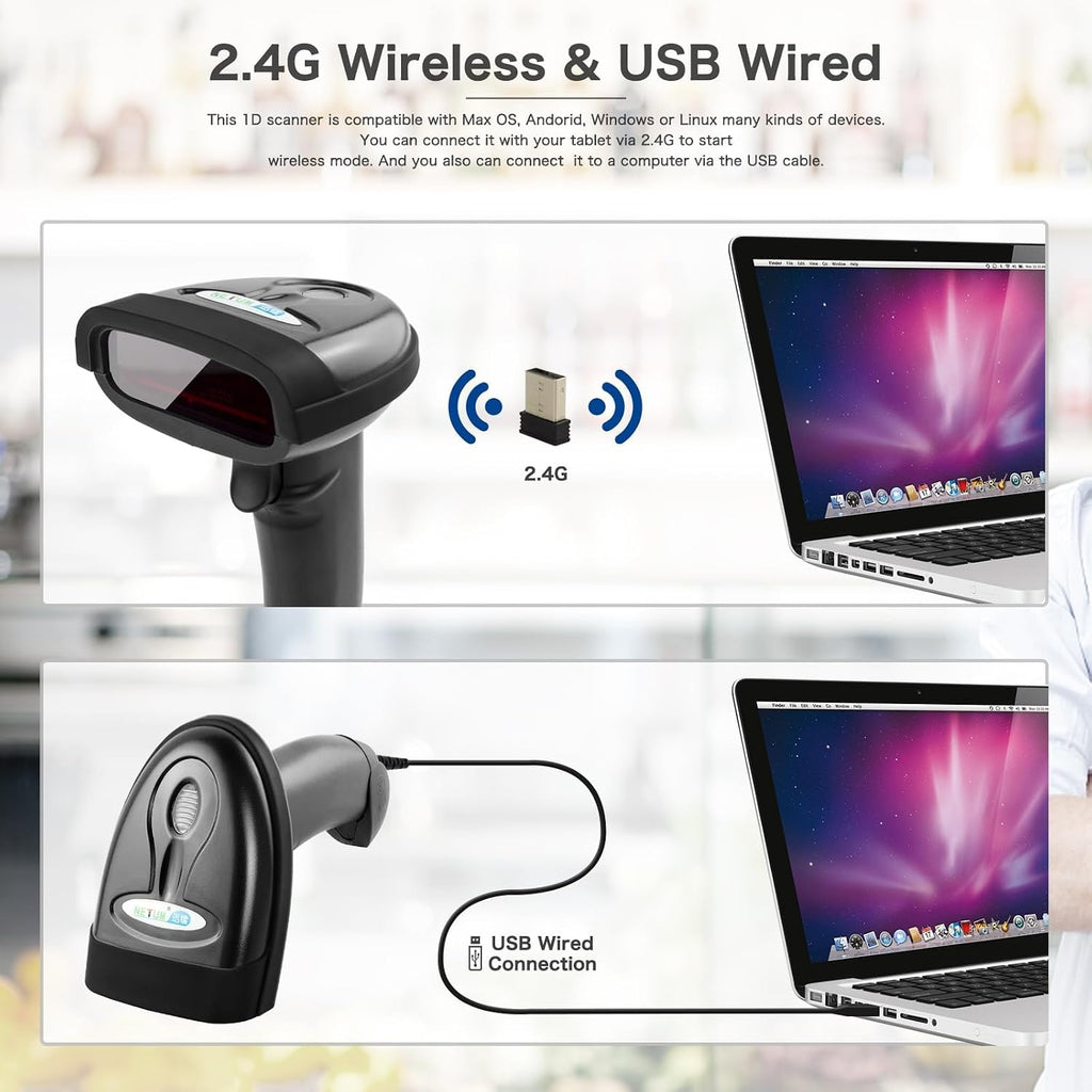 Wireless Barcode Scanner, Handheld 1D Laser Barcode Reader | 1D Printed Bar Code Reader for retail checkout, library