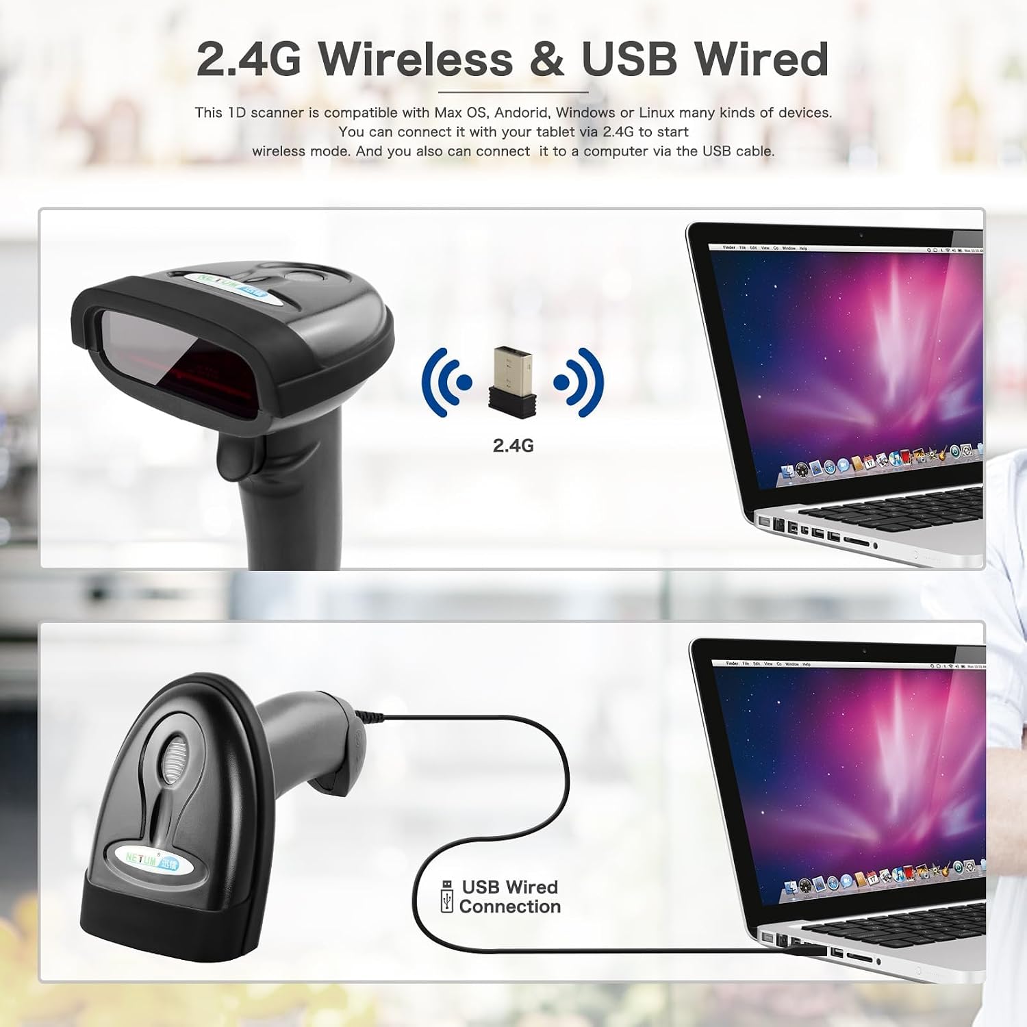 Wireless Barcode Scanner, Handheld 1D Laser Barcode Reader | 1D Printed Bar Code Reader for retail checkout, library