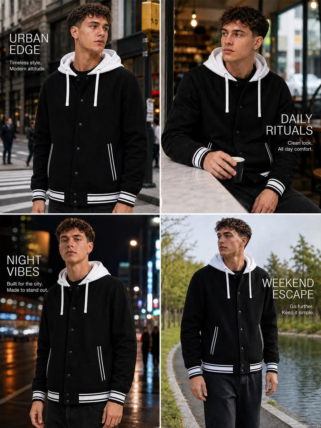 Men Varsity Jacket Hooded Sweatshirt Baseball Sports Jacket Black-M