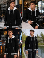 Men Varsity Jacket Hooded Sweatshirt Baseball Sports Jacket Black-M