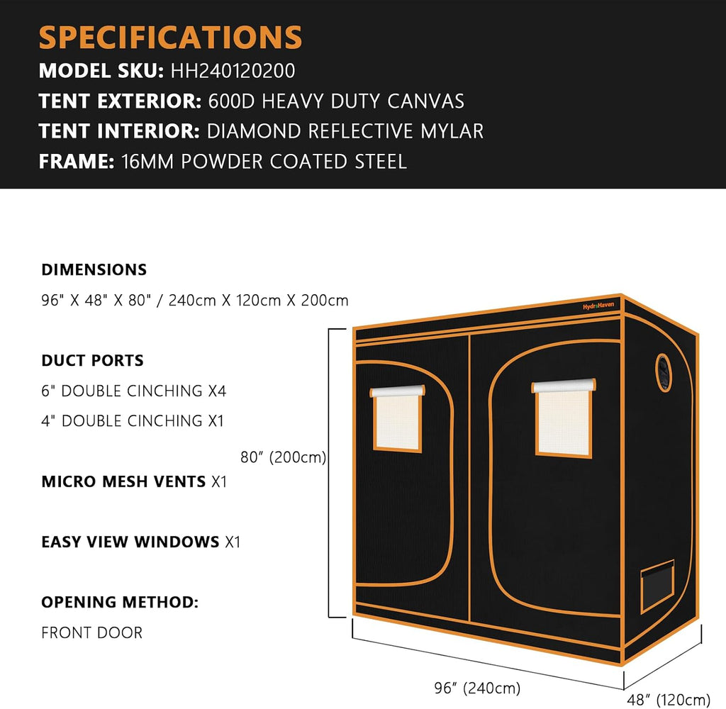 8x4 Grow Tent Kit (96"x48"x80") - Heavy-Duty 600D Diamond Mylar Lining, 98% Reflective, Viewing Window & Waterproof