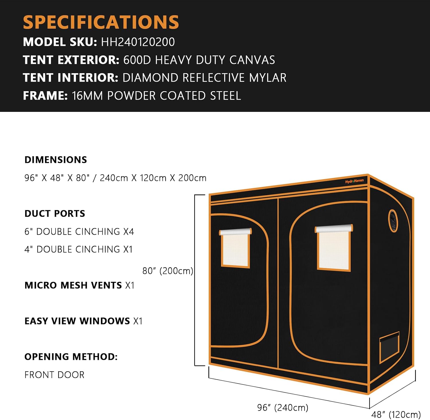 8x4 Grow Tent Kit (96"x48"x80") - Heavy-Duty 600D Diamond Mylar Lining, 98% Reflective, Viewing Window & Waterproof
