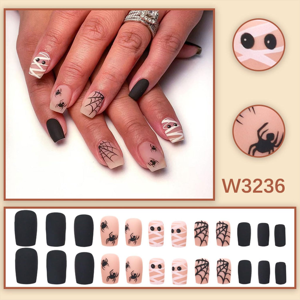 6 Sets(144Pcs) Halloween Press On Nails Short Square Fake Nails, Cute Ghost