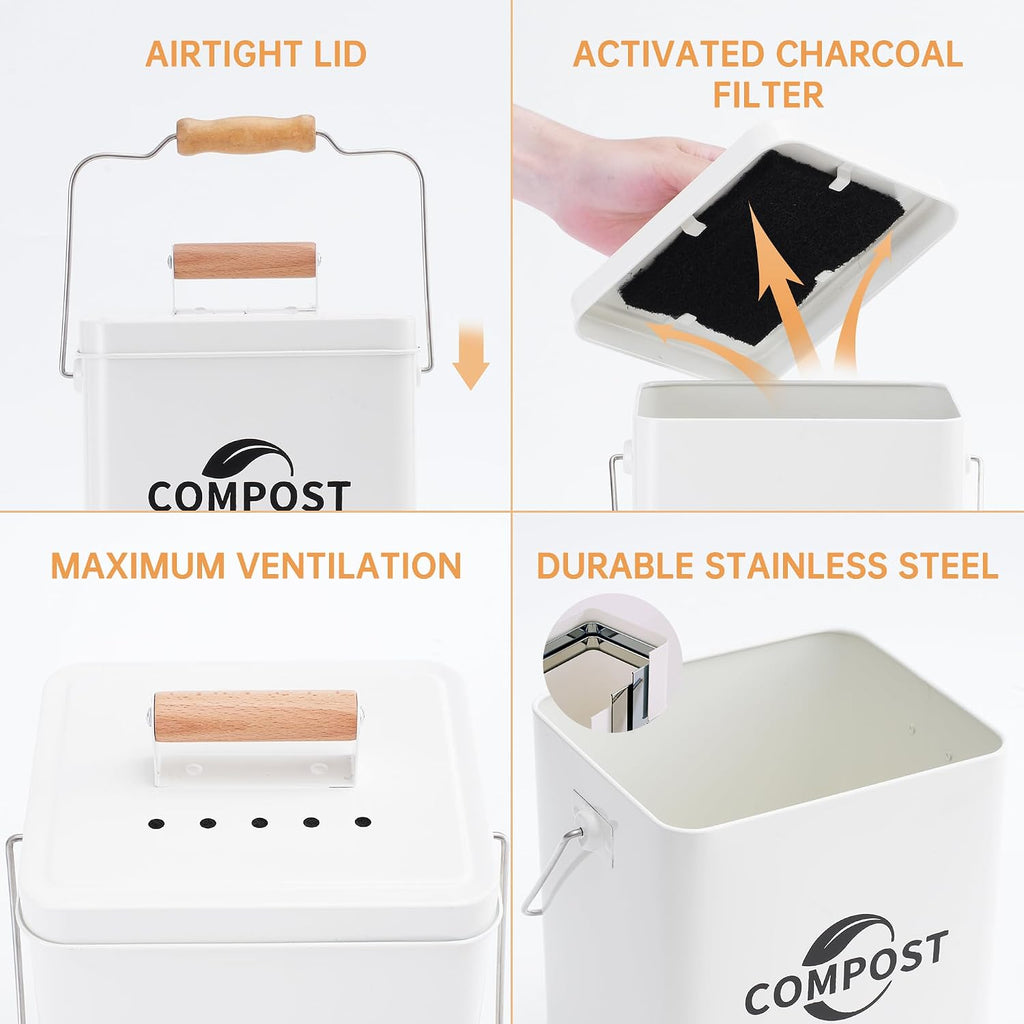 Kitchen Compost Bin, 1.7 Gallon Countertop Compost Bin with Lid and Charcoal Filter, Kitchen Composter for Food