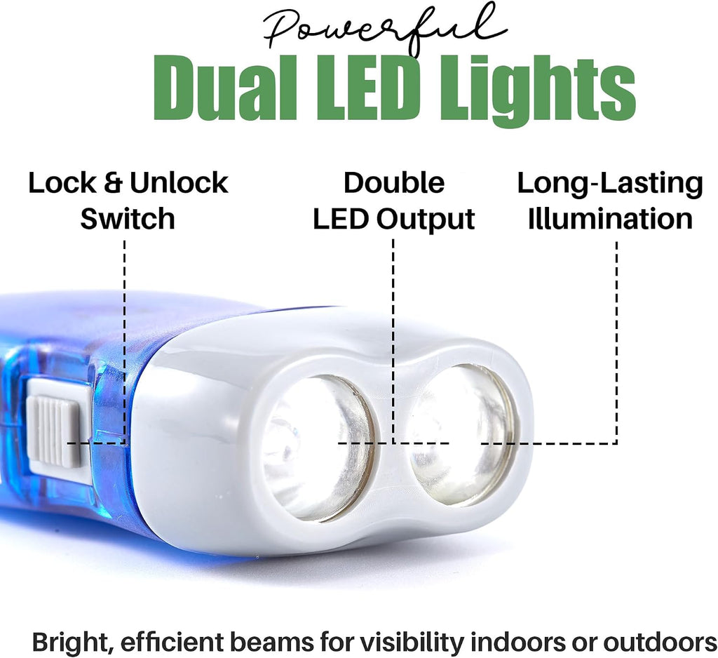 4-Pack Hand Crank Flashlights for Emergencies, Double LED | Hand-press crank generates power without batteries;