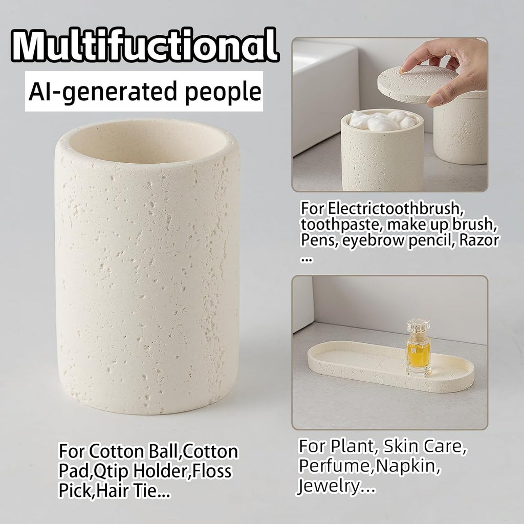 Bathroom Accessories Set,4 PCS Travertine Stone Look Collection,Cream | Modern Bath Organizer with 13.53OZ Soap