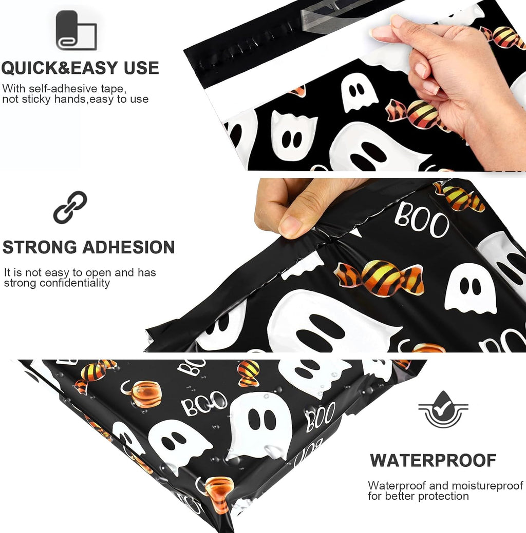 100 Pcs Halloween Poly Mailer 10 x 13 Inch Black Ghost Pumpkin Candy Mailing Bag Self-Sealing Plastic Packaging