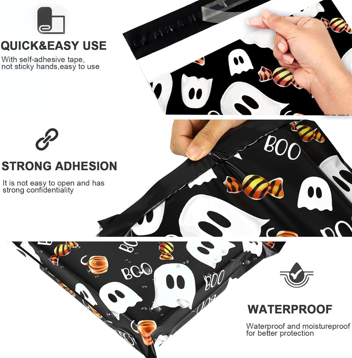 100 Pcs Halloween Poly Mailer 10 x 13 Inch Black Ghost Pumpkin Candy Mailing Bag Self-Sealing Plastic Packaging