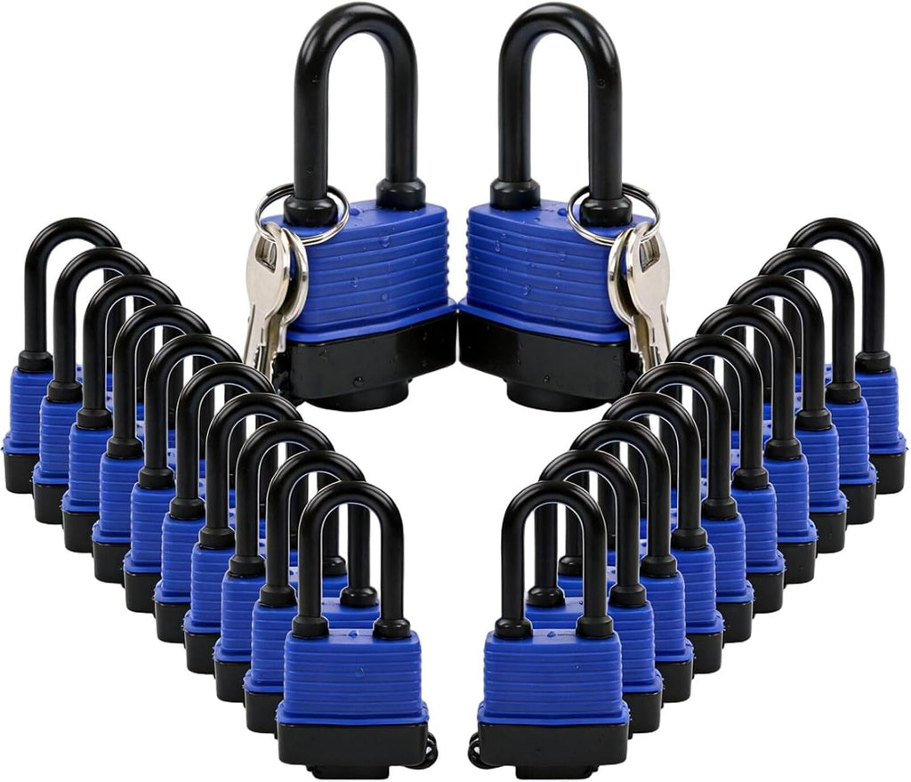 Long Shackle Padlocks 1.8", 20Pcs Keyed-Alike, Water-Resistant Cover | For Gate Boat Fence Shed Garden, 2-1/2" Long