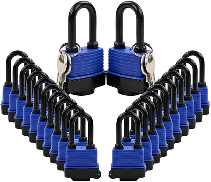 Long Shackle Padlocks 1.8", 20Pcs Keyed-Alike, Water-Resistant Cover | For Gate Boat Fence Shed Garden, 2-1/2" Long