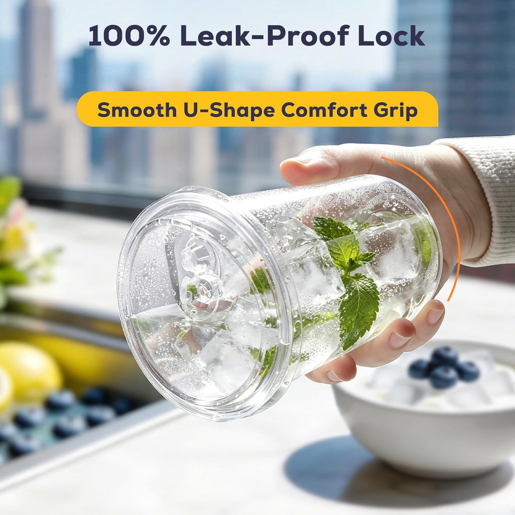 100 Pack 16 oz Round Bottom Clear Plastic Cups with Strawless Sip Lids, Disposable Iced coffee cups with lids