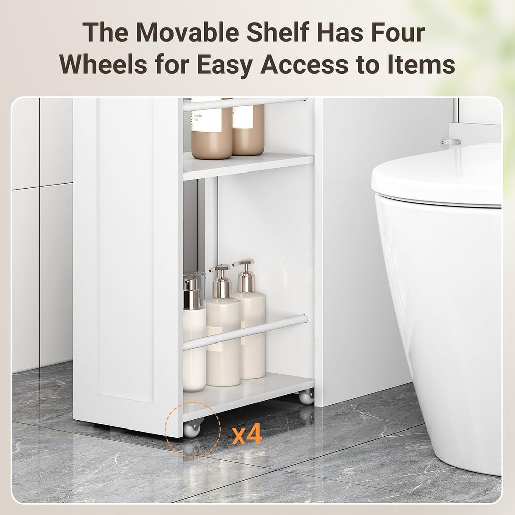 Over The Toilet Storage Cabinet with Glass Doors & Pulley, White | Pull-Out Cabinet, Toilet Paper Holder, Side Hooks