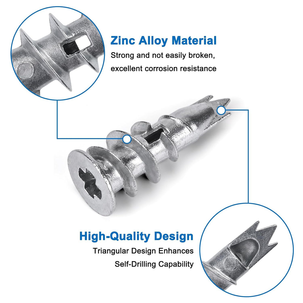Zinc Self-Drilling Drywall Anchors with Screws Kit, 104 Pack 3 Size, 52 Heavy Duty Metal Wall Anchors and 52 Screws