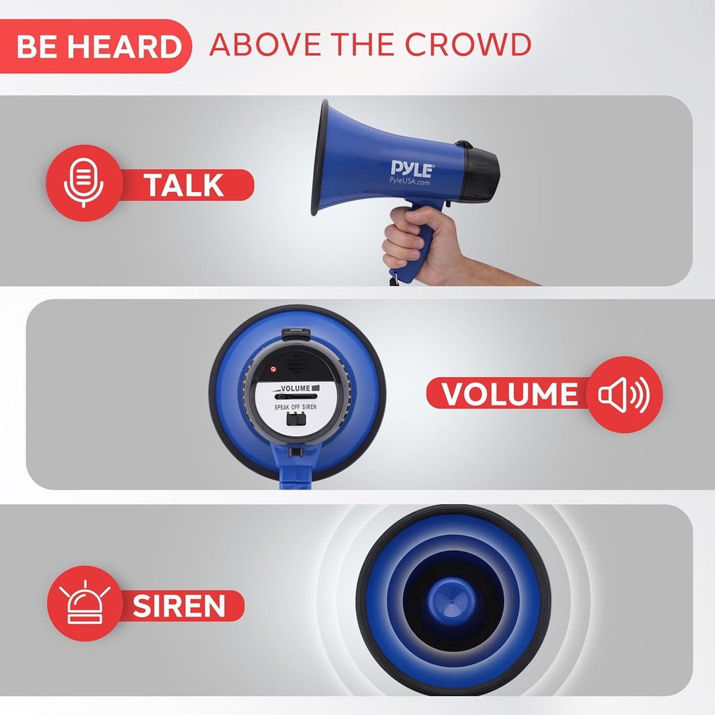 PMP21BL Portable Megaphone Speaker Siren Bullhorn - Compact and Battery Operated with 20 Watt Power, Microphone, 2