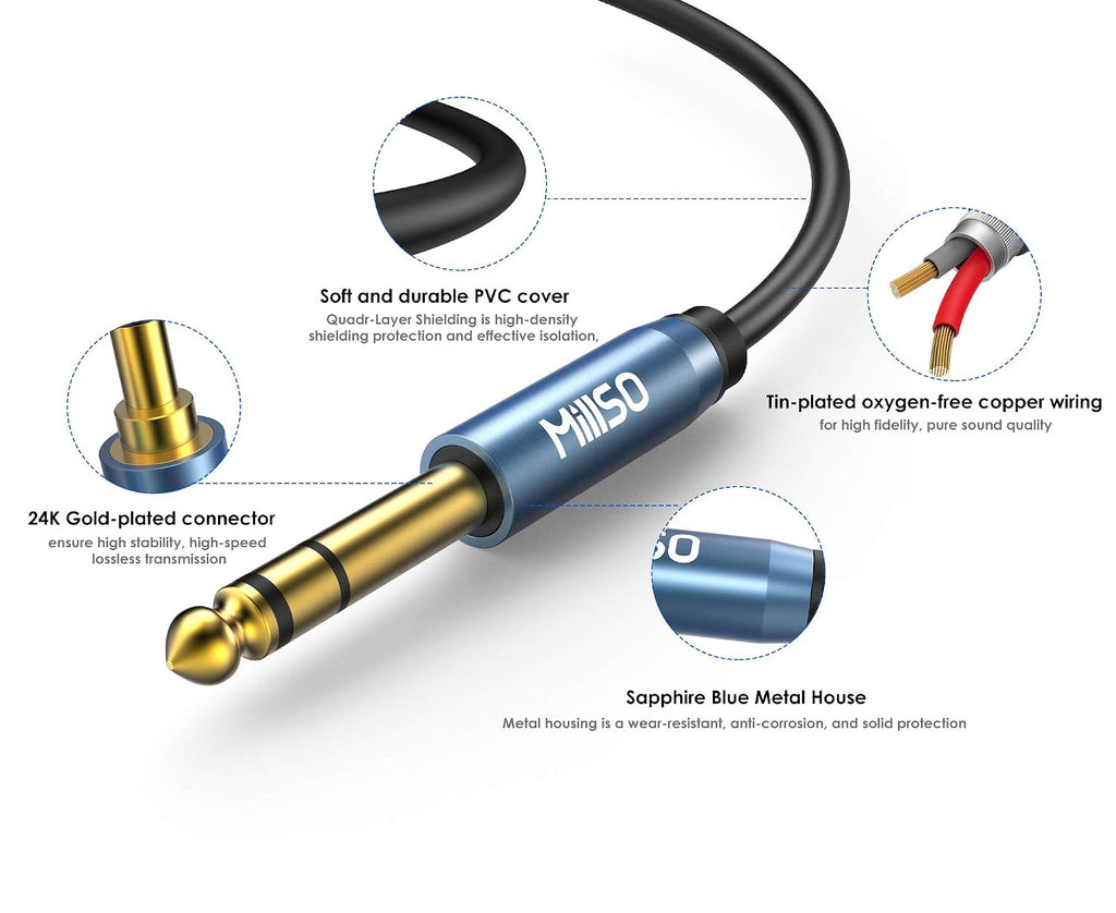 6.35mm 1/4 Male to Dual 3.5mm 1/8 Female Headphone Adapter 12 inch | Sapphire Blue, Gold-Plated, 6.35mm TRS Stereo