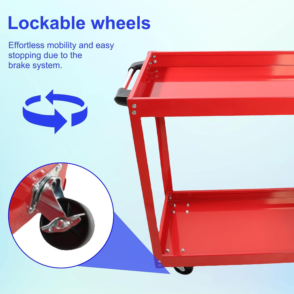 Heavy Duty Tool Cart on Wheels, 400 LBS Capacity Steel Utility Cart with Lockable Casters, Two-Layer Rolling Service