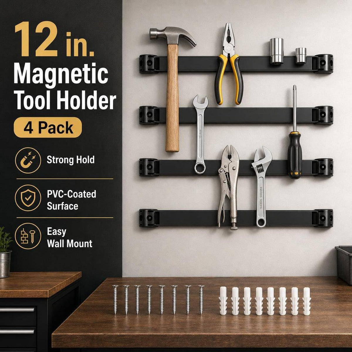 12" Magnetic Tool Holder, 4 Pack PVC-Coated Heavy Duty for Garage