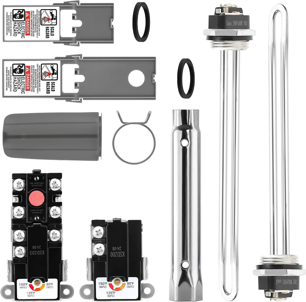 Electric Water Heater Tune-Up Kit, Includes Upper & Lower Heater Thermostat and Protective Covers, Water Heater Heating Elements, Quick Change Tool, Element Wrench