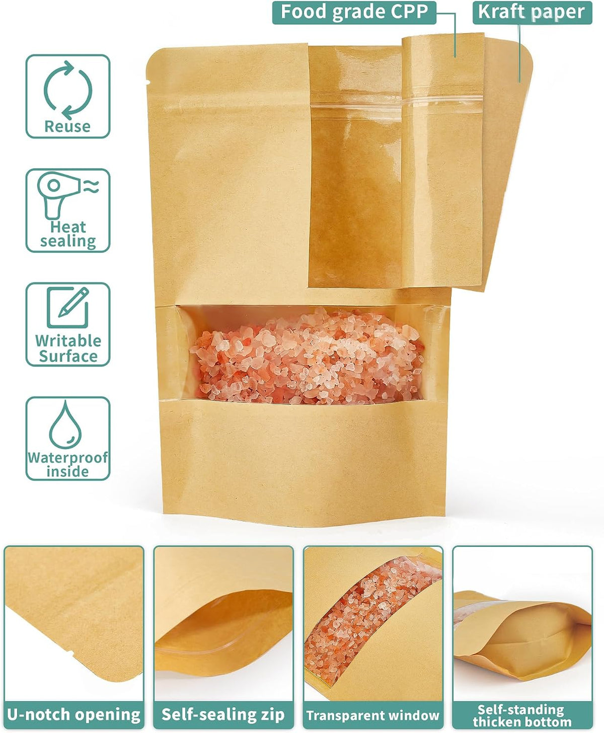 100 Pcs Resealable Paper Bags, Clear Window, Brown, 3.5" x 5.5"