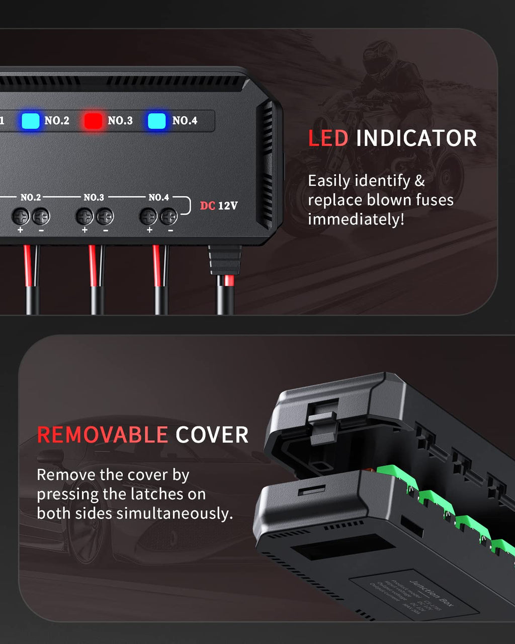 12V Fuse Block, Universal 20A Motorcycle Automotive Fuse Block Fuse and Relay Box Kit with 4 Circuits Low Profile