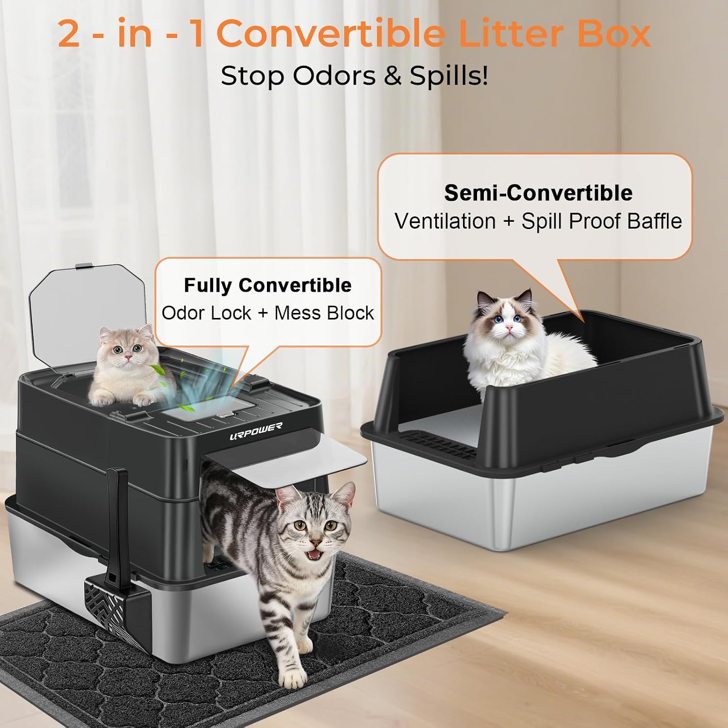 Stainless Steel Cat Litter Box with 110° Flip-Top Lid, XL Enclosed Metal Litter Box for Large Cats, Odor Control