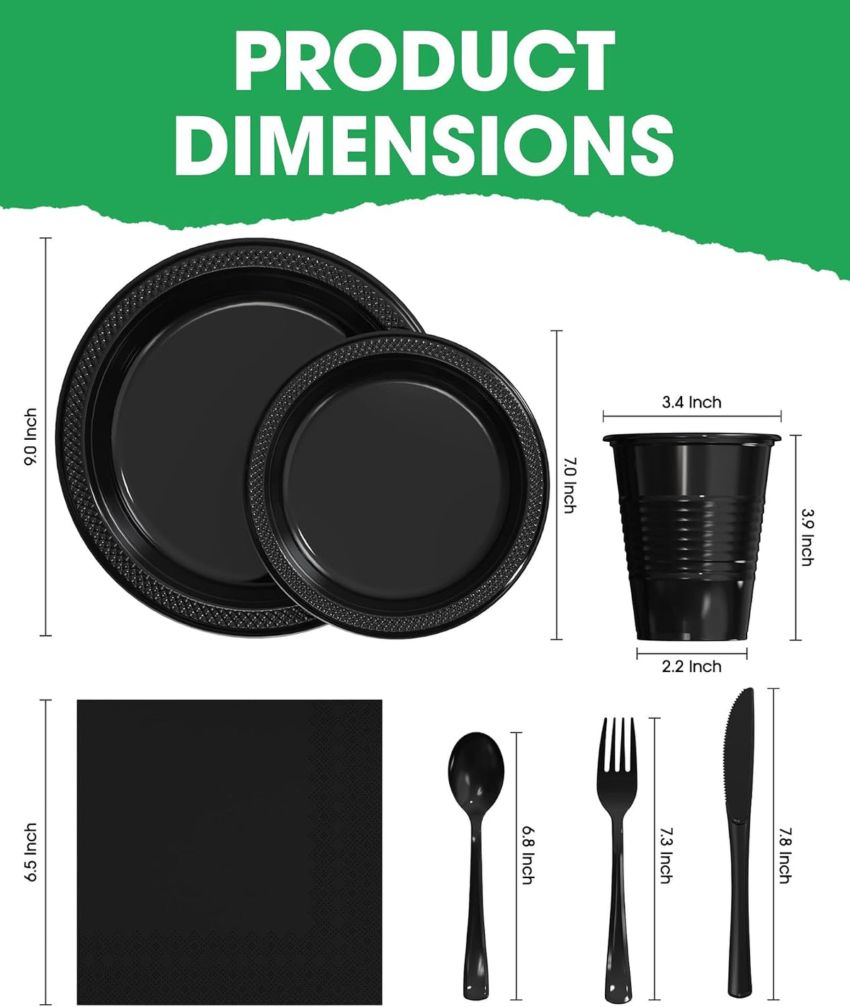 Plastic Plates Set 350 Pcs Black for 50 Guests