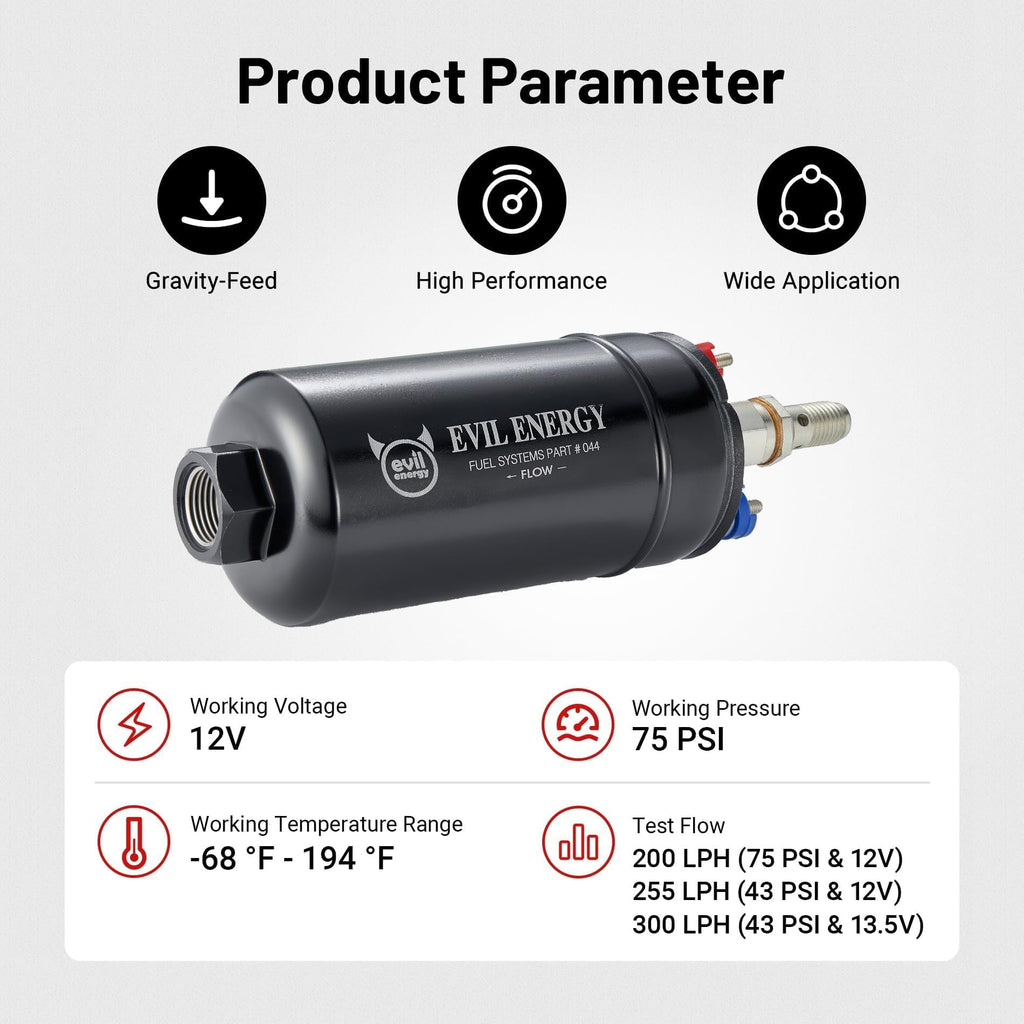 EVIL ENERGY External Inline Fuel Pump 300 LPH High Flow 12V Universal