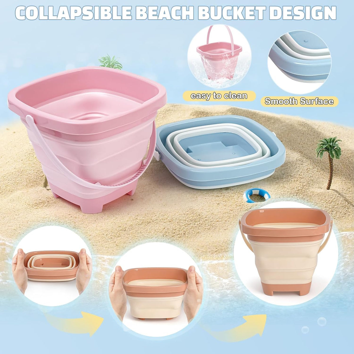 Beach Toys Set for Kids, 3 Pack Collapsible Sand Buckets and Shovels Set | Collapsible Beach Bucket Set with Mesh
