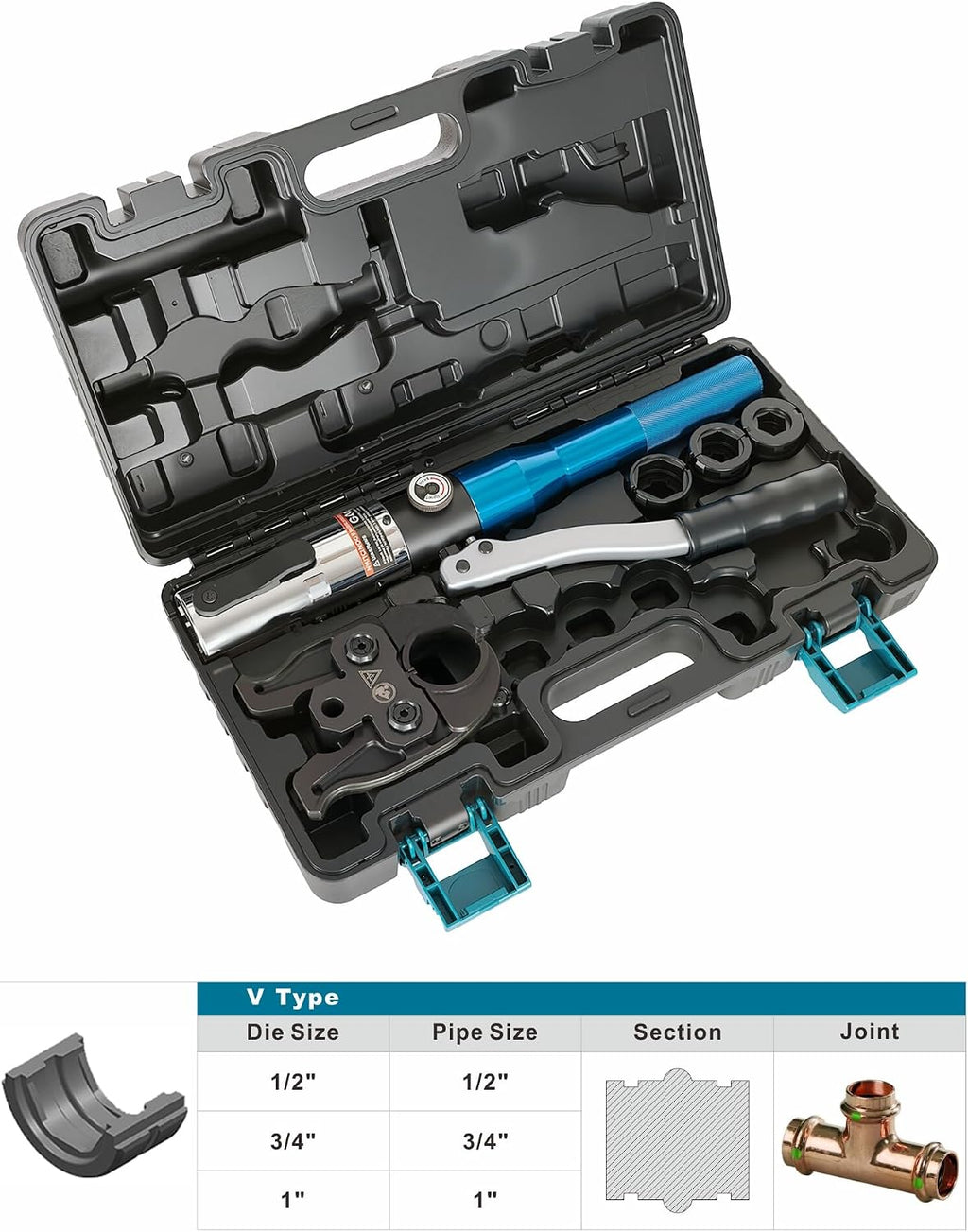 AMZCNC ProPress Tool Kit Hydraulic Copper Pipe Crimper 1/2 3/4 1in Jaws