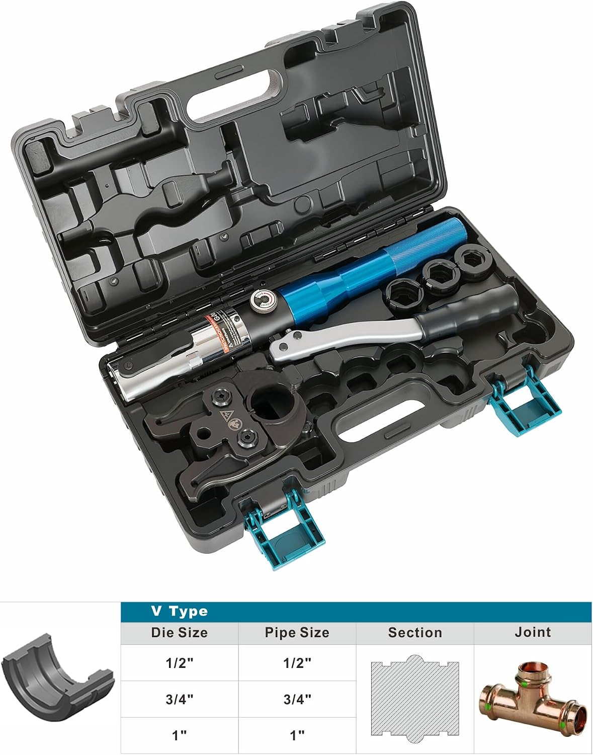 AMZCNC ProPress Tool Kit Hydraulic Copper Pipe Crimper 1/2 3/4 1in Jaws