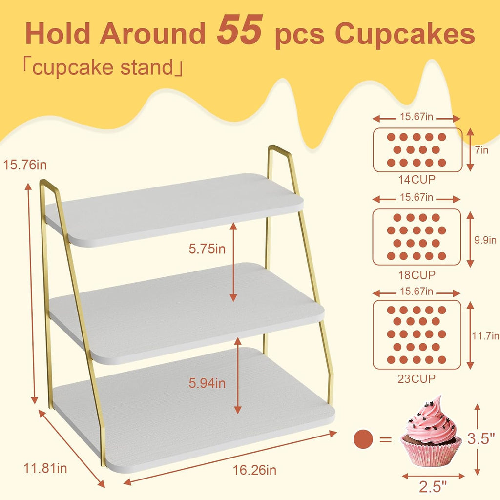 Cupcake Stand, 3-Tier Dessert Stand for 55 Cupcakes, Wood & Metal Tower Display Premium Holder Dessert Tree Tower for